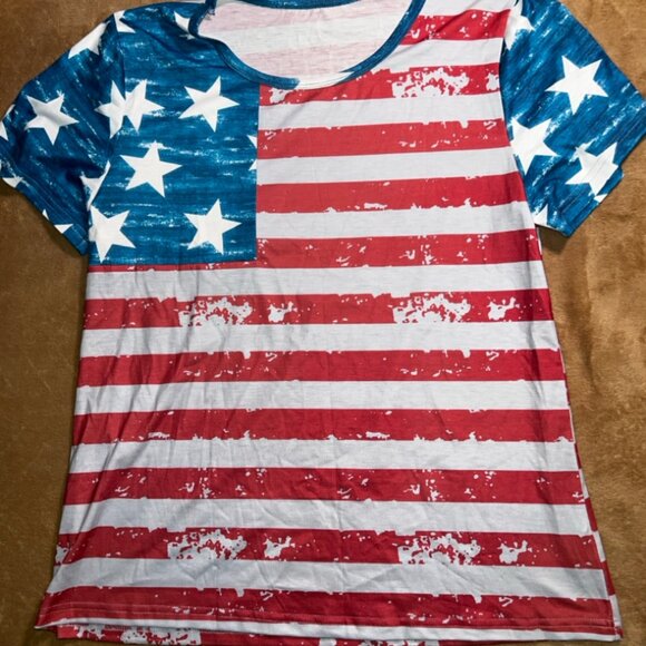American Flag Women Large Crew Neck Print USA Star Stripe Short Sleeve Shirt (Q) - Picture 2 of 7